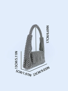 Silver beaded handbag dimensions showing width 23cm, height 13cm and handle height 17cm