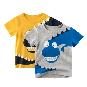 Boys Short Sleeve T-Shirt 100% Cotton Cartoon Dinosaur Print Round Neck Contrast Color Summer Casual Top
