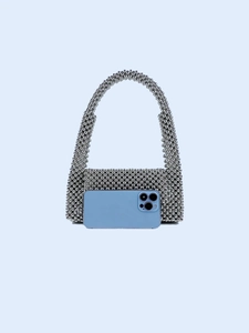 Handmade silver metallic beaded handbag with top handle and shimmering rectangular woven body