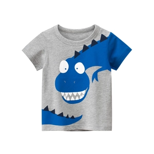 Kids grey cotton T-shirt with blue short sleeves and cartoon dinosaur print