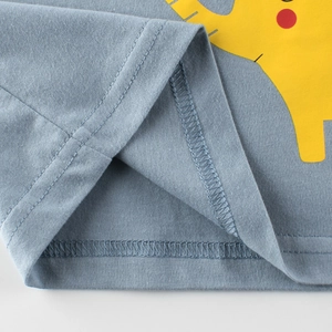 Blue cotton kids vest featuring a yellow cartoon graphic with a double-needle hem