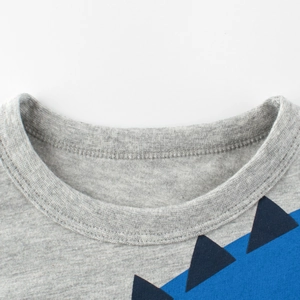 Crew neck detail of a grey cotton dinosaur T-shirt for boys with blue fin prints