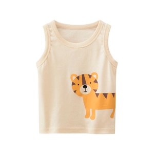 Kids sleeveless summer cotton vest in light beige with cute yellow tiger print pattern