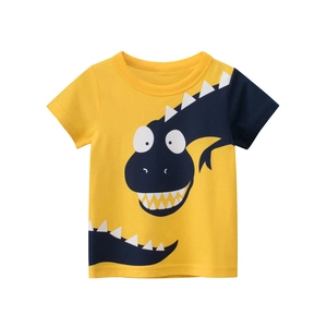 Kids yellow short sleeve T-shirt with navy cartoon dinosaur print and contrast sleeve