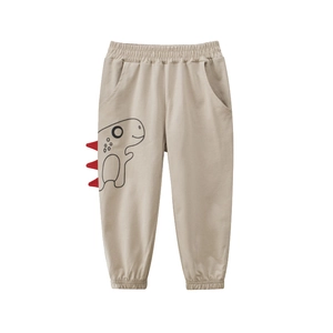 Beige kids' dinosaur summer jogger pants with creative 3D red triangle side details