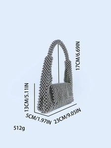 Silver beaded handbag dimensions showing 23cm length and 13cm height with handle detail