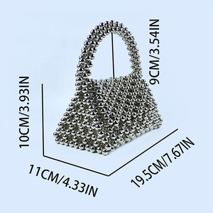 Detailed dimensions of silver beaded woven bag with size labels for handle and width