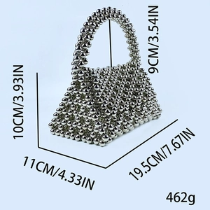 Detailed dimensions of silver beaded handbag with triangular silhouette and woven design