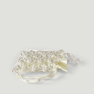 Detail of beaded floral evening bag with crystal beads and satin drawstring liner