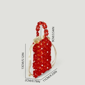 Detailed view of red acrylic flower beaded handbag with pearl accents and size dimensions
