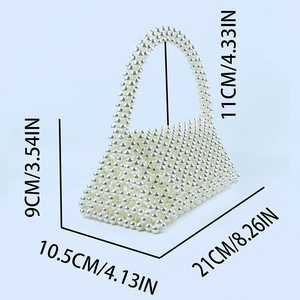 Detailed size specifications for a white handmade beaded pearl triangle shoulder bag