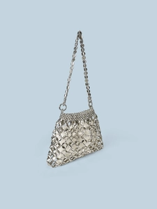 Vintage silver metal sequin handmade woven shoulder bag with chain strap and white inner liner