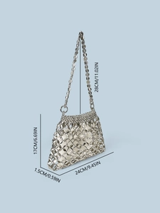 Detailed view of silver sequin woven shoulder bag with dimensions and drawstring liner