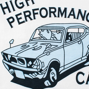 White kids long sleeve t-shirt with blue vintage car print and high performance text