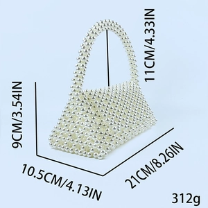 Detailed size chart of handmade pearl beaded trapezoid handbag with 312g weight specs
