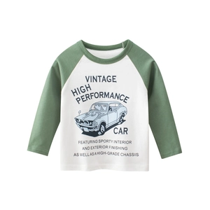 Kids long sleeve raglan t-shirt with vintage car print in white and forest green