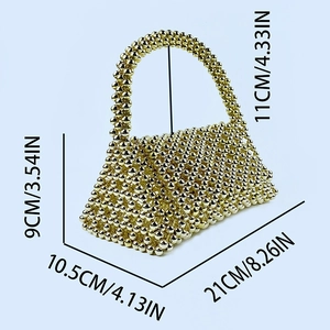 Detailed size specifications of gold beaded triangle evening bag with 21cm width dimensions