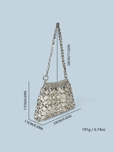 Detailed size specifications for handmade silver metal sequin woven shoulder bag