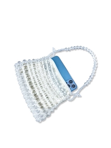 Handmade clear beaded tote bag for weddings with white zipper and interior phone space