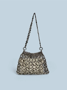Detail of metallic mesh shoulder bag with sequins and cream satin inner pouch