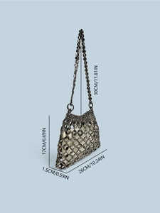 Retro grey metallic disc sequin woven shoulder bag with chain strap shown from side view