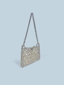 Silver bead woven shoulder bag with shimmering bamboo-style metal texture and chain strap