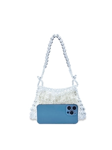Handmade clear beaded wedding handbag with white satin drawstring liner for women