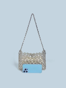 Elegant handmade silver beaded shoulder bag with geometric hollow weave and satin pouch