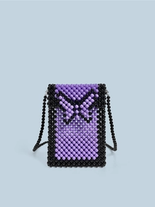 Handmade purple beaded crossbody phone bag with black butterfly motif and shoulder strap