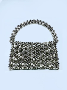 Handmade Silver Beaded Triangle Evening Handbag For Women Hollow Woven Mini Handheld Bag Fashion Luxury Party Tote Bag