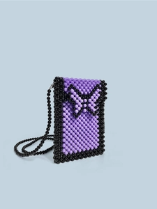 Handmade purple and black beaded crossbody phone bag with a stylish bow decoration