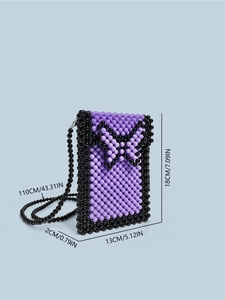 Handmade beaded crossbody phone bag in purple and black with butterfly pattern
