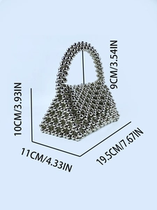 Silver beaded handmade triangular handbag with metal pearl finish and dimensions
