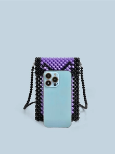 Handmade purple and black beaded crossbody bag with a slim chain strap and phone