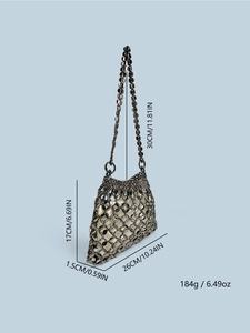 Detail view of sparkly sequin handbag with precise measurements and 184g weight info