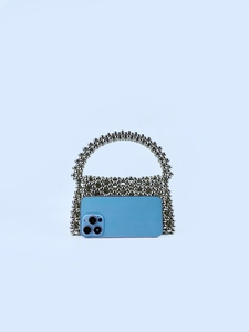 Silver beaded mini top-handle bag with triangular pattern and metallic luster finish