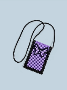Detail of handmade beaded cross-body phone bag with purple and black contrast beads