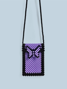 Detail of handmade purple beaded crossbody phone bag with 3D butterfly bow design
