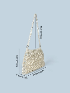 Detailed size specifications of white beaded woven shoulder bag with inner pouch