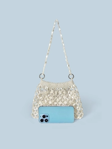 Handmade white pearl beaded shoulder bag with silver rings and inner lining