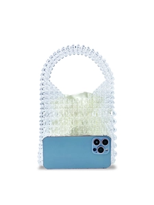 Handmade clear beaded handbag with satin drawstring pouch and curved top handle
