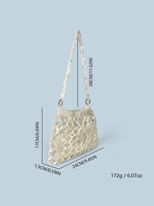 Detailed size specifications for the handmade white pearl beaded woven handbag with liner
