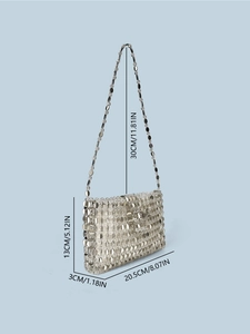 Vintage silver beaded crossbody bag with metallic sequins and long chain strap for women