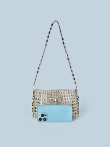 Retro silver beaded crossbody phone bag with chain strap and metallic finish