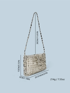 Silver beaded crossbody bag showing size measurements and detailed metal scale texture