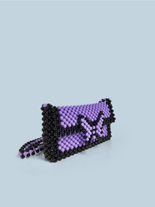Handmade purple and black beaded crossbody bag with butterfly woven texture
