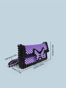 Handmade beaded butterfly crossbody bag in purple and black with dimensions and strap
