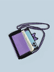 Handmade purple and black beaded crossbody phone bag with zipper closure and strap