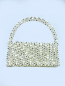 Handmade triangle beaded shoulder bag with white imitation pearls and woven top handle