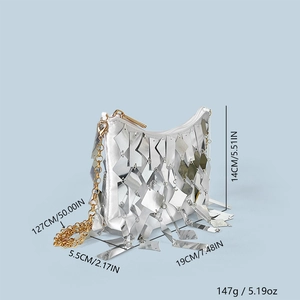 Detailed size specifications for silver sequin evening bag with dimensions and weight info